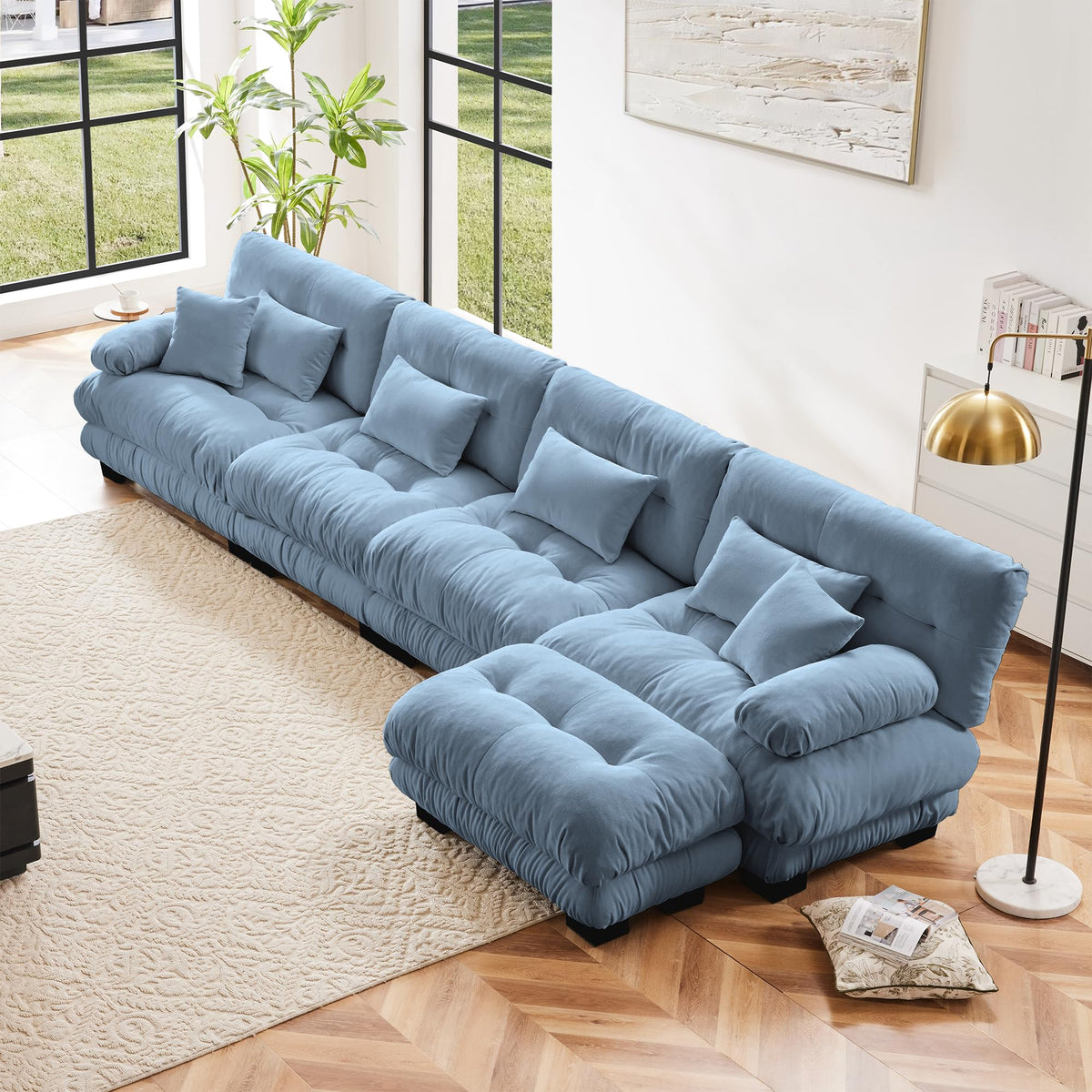 130" Modular Sectional Sofa,Velvet Upholstered Couches for Living Room,3 Seater Green Sofa Couch with Movable Ottoman,Big Comfy Loveseat Sofa with Deep Seats for Living Room,Apartment,Bedroom