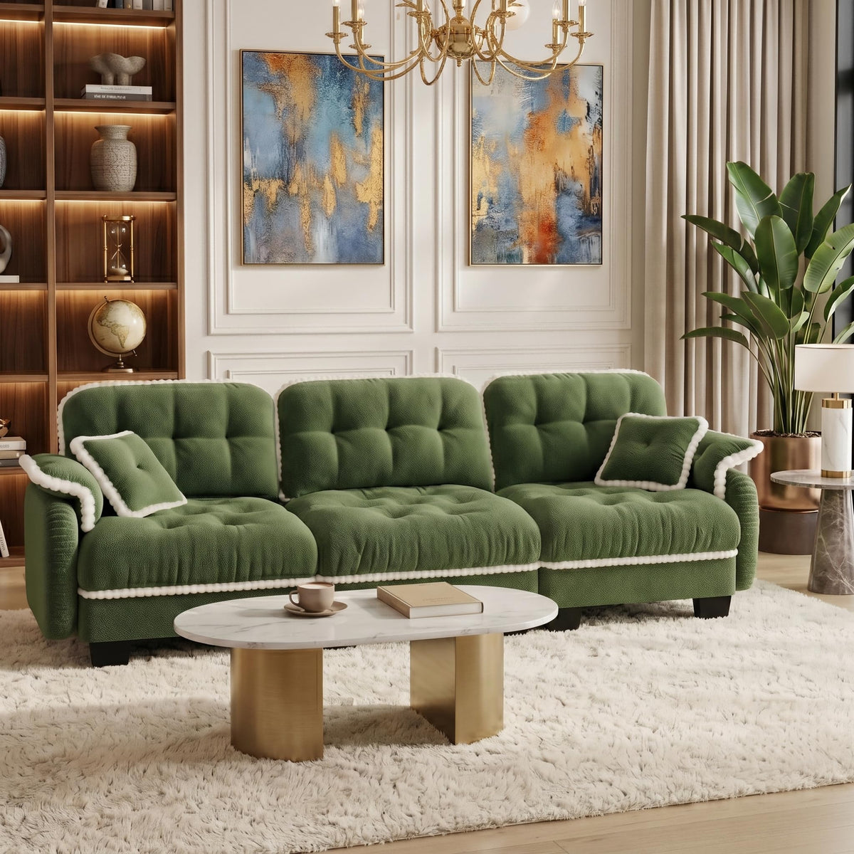 100.7" Chenille Cloud 3-Seater Sofa, Tufted Deep Seat Couch with Pom-Pom Trim & 4 Pillows, Ergonomic Easy Assembly Modular Sofa for Living Room & Apartment（Green ）