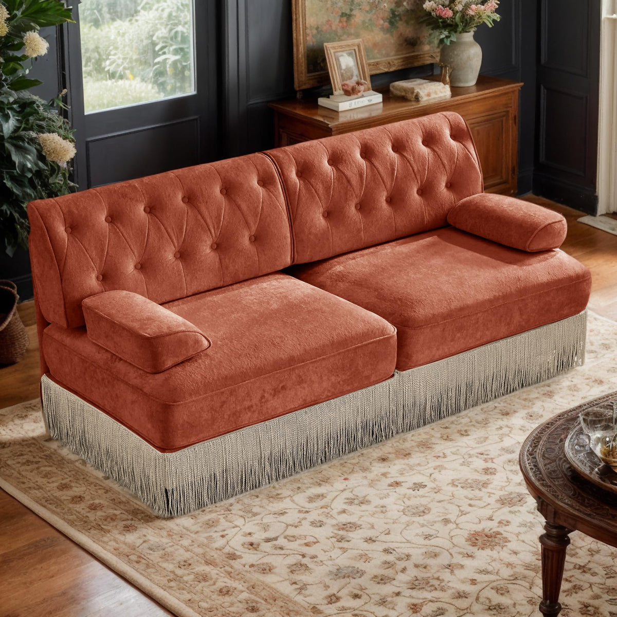 106'' Modern Chesterfield Style 3-Seater Sofa with 2 Ottoman, Upholstered Velvet Modular Sectional Sofa with Button Tufted, U Shape Deep Seat Cloud Sectional Couches for Living Room (Green)