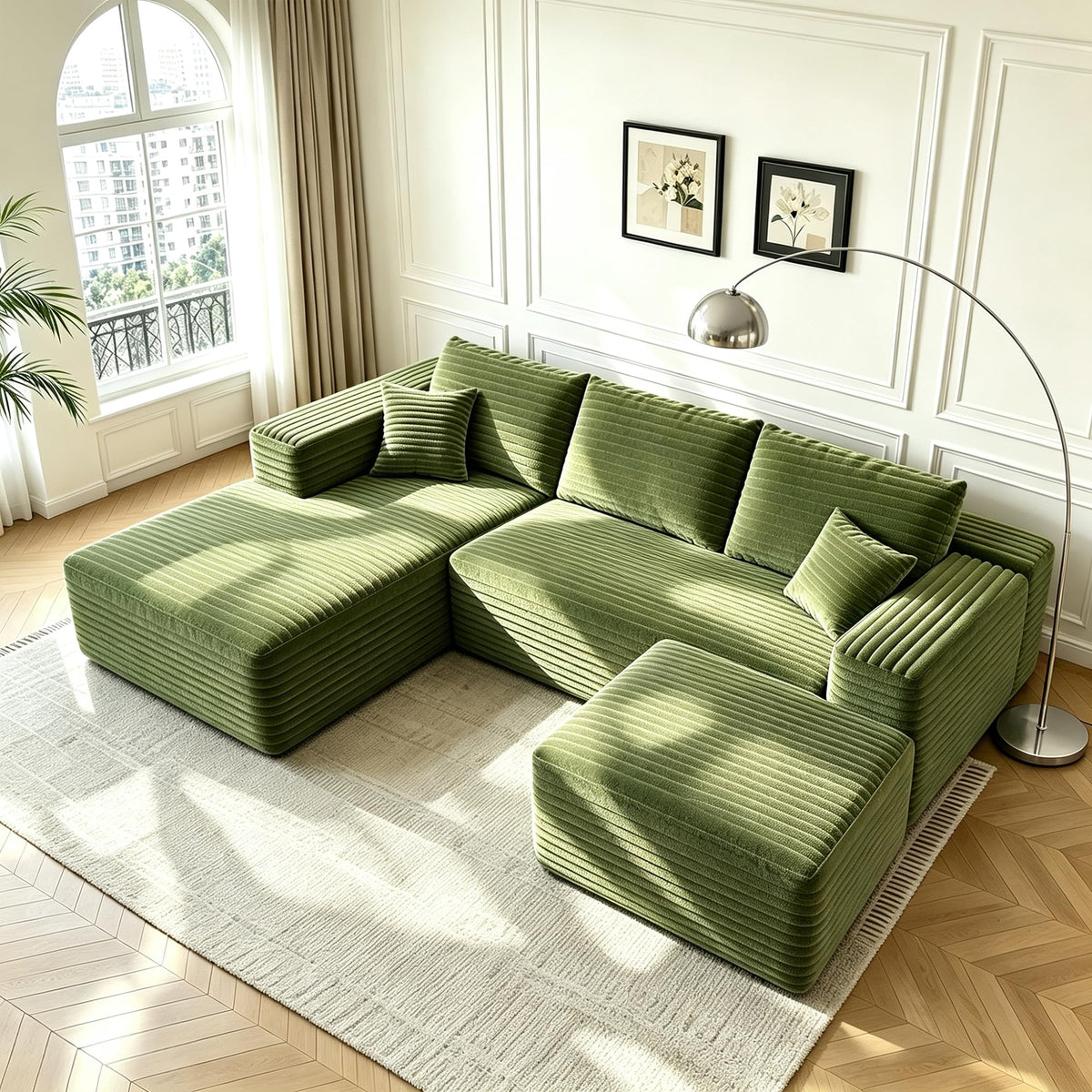 107" U-Shaped Cloud Sectional Couch with Ottoman for Living Room, Boneless Sofa, Compressed Sofa, No Assembly Required, Black Corduroy, Right Chaise