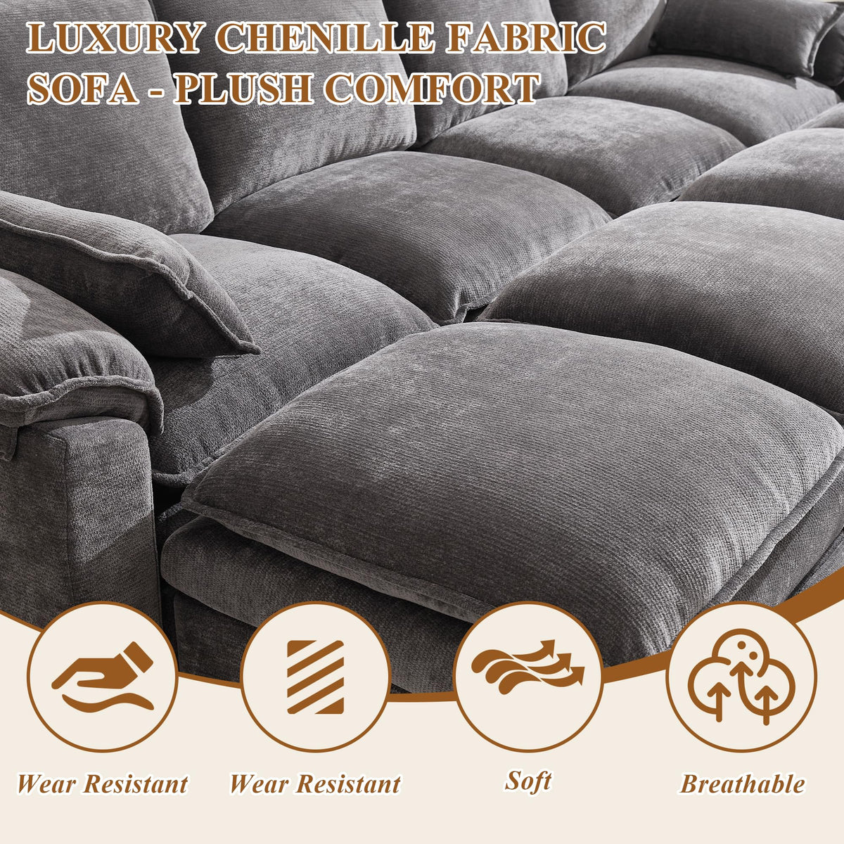 108" Modular Sectional Sofa with Storage Ottoman, Sectional Couches for Living Room, Chenille U Shaped Cloud Couch with Pillow, Deep Seater Sofa for Apartment, Light Gray