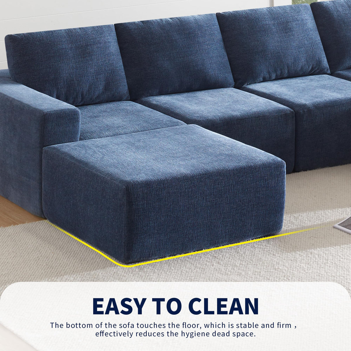 110" Cloud Chenille Deep Seat Chaise Lounge Indoo, Modular Sectional Sofa with Spring Pack Support, Modern Boneless Compressed Floor Sectional Sofa with U-Shaped for Living Room, Navy