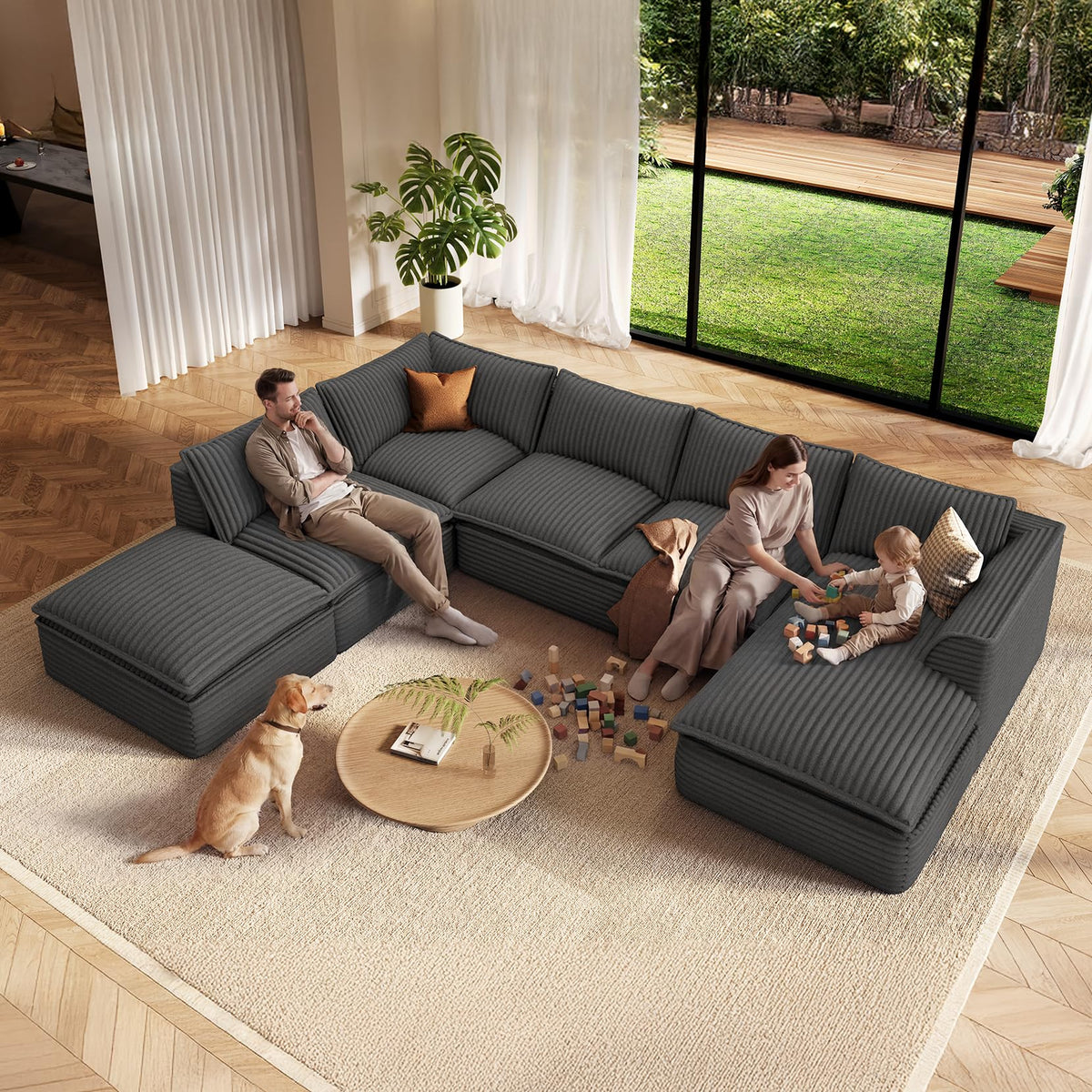 Vesgantti U Shaped Corduroy Boneless Sectional Couch, 6 Seater Sofa, Gray