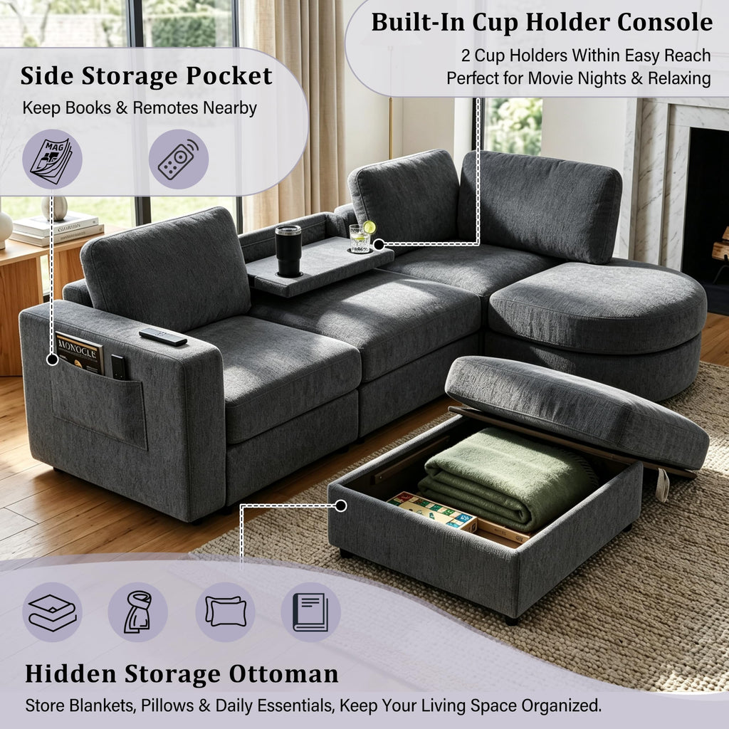 Tidyard U Shaped Sectional Sofa, Modular Chenille Couch with Storage Ottoman & Cup Holders, 102.4" Solid Pine Wood Frame for Living Room Apartment