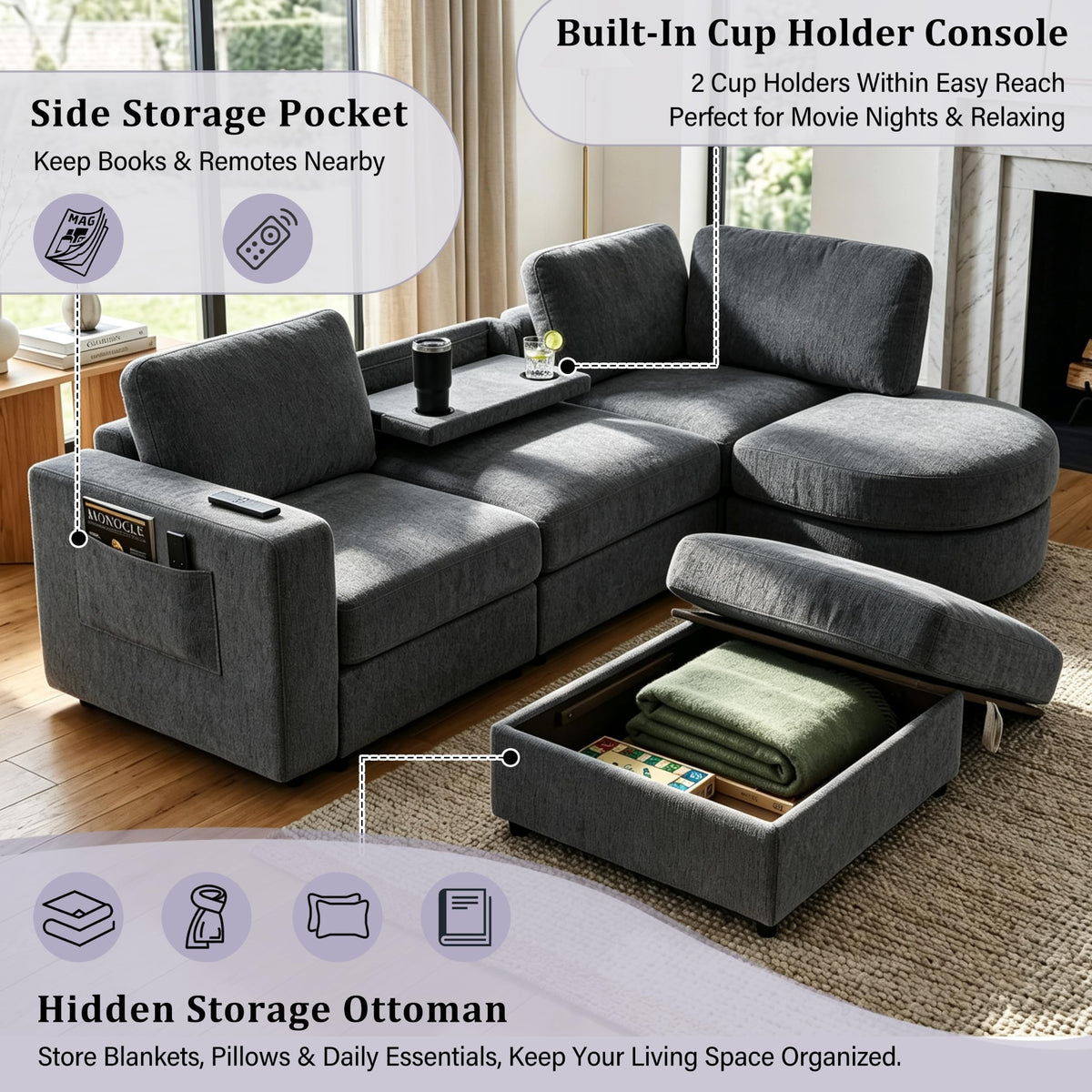 Tidyard U Shaped Sectional Sofa, Modular Chenille Couch with Storage Ottoman & Cup Holders, 102.4" Solid Pine Wood Frame for Living Room Apartment