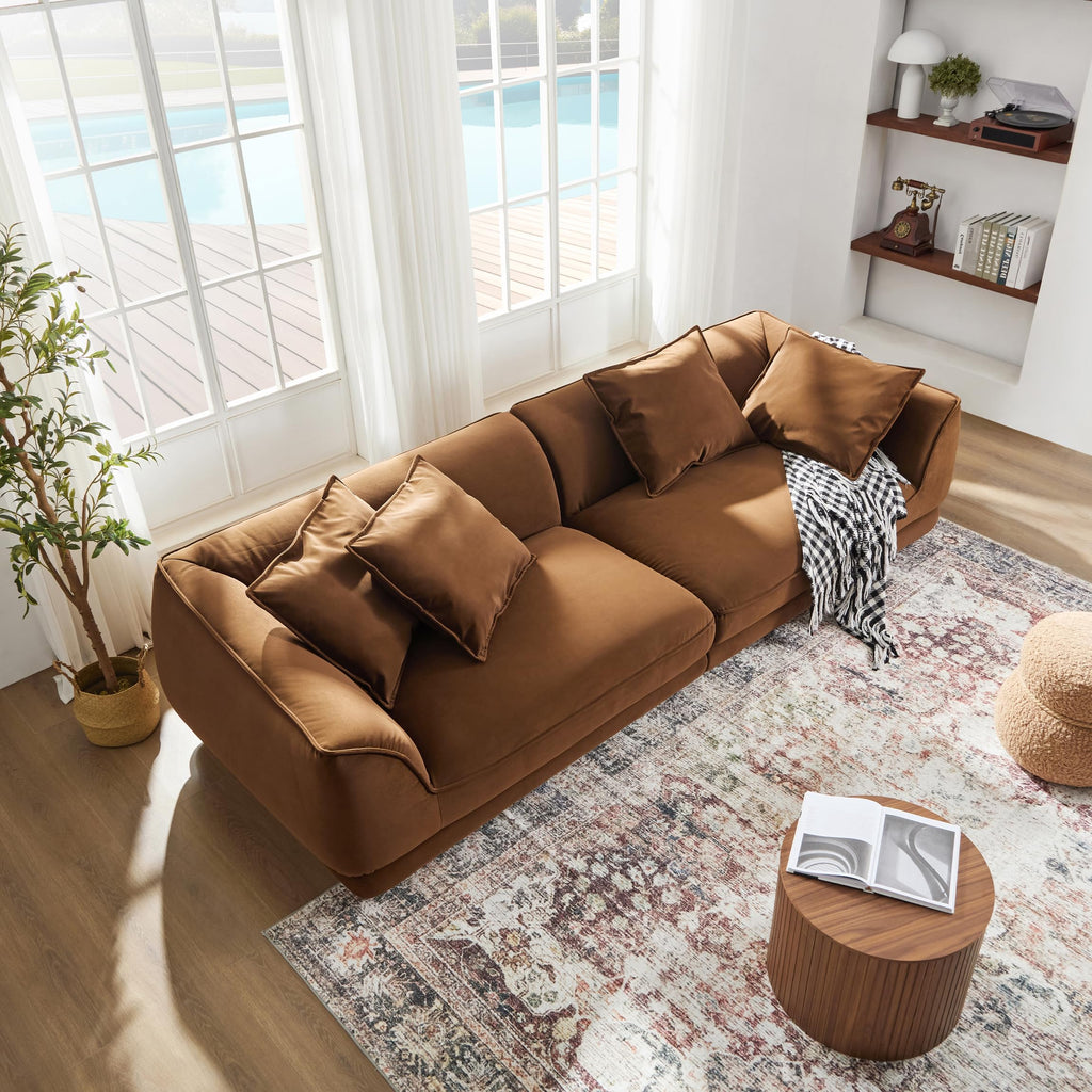 110" Modern Velvet Sofa, Cloud Modular Sectional Couch, Minimalist Deep Seat Upholstery Sofas, Oversized 3-Seater Luxury Memory Foam Fluffy Couches for Living Room Bedroom Home Office Apartment, Camel