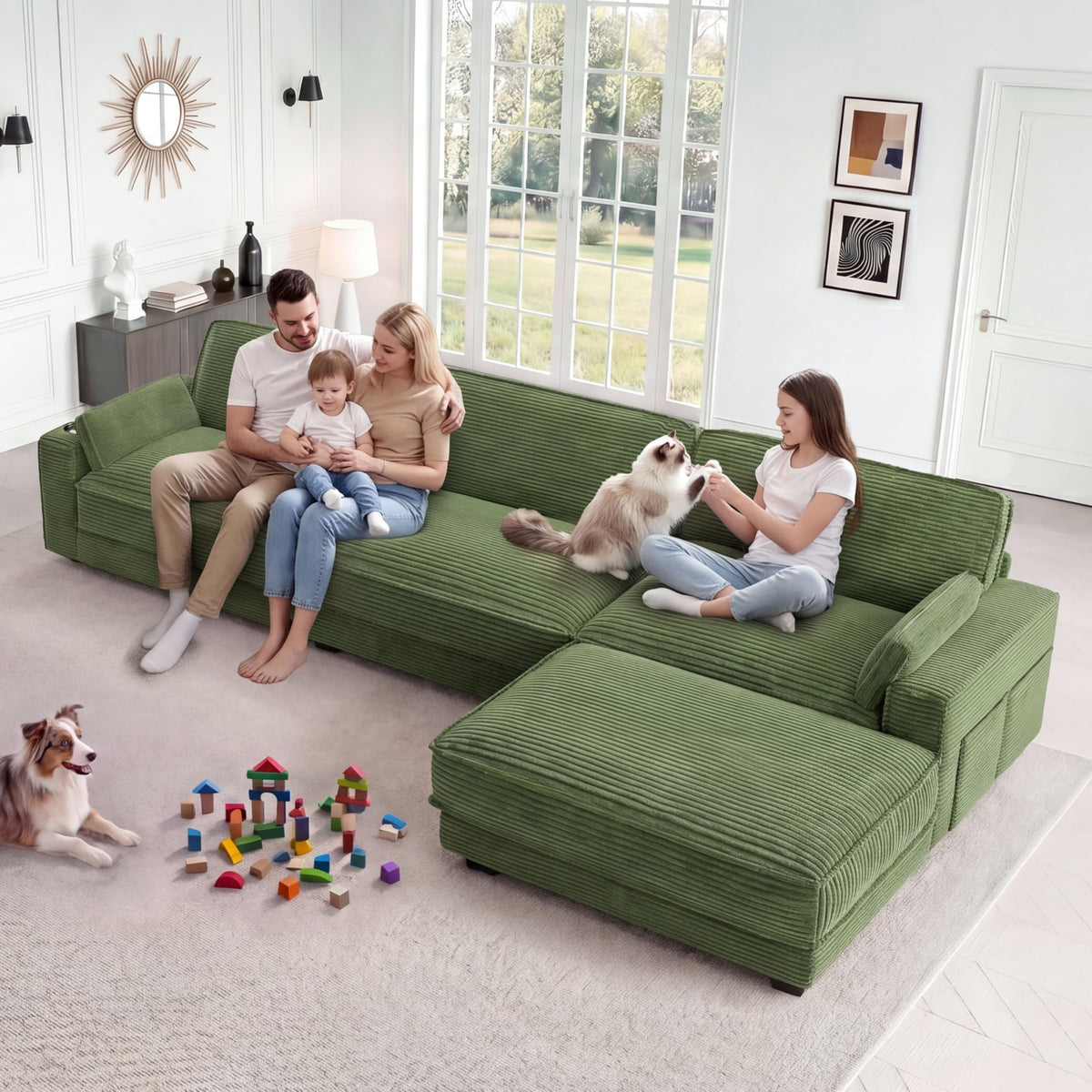 Vipbear 120" Modular Sectional L Shaped Sofa Couches for Living Room,3 Seat with 1 Movable Ottoman,Comfy Corduroy Sofa with USB Port,Side Pocket,Pillow,Green
