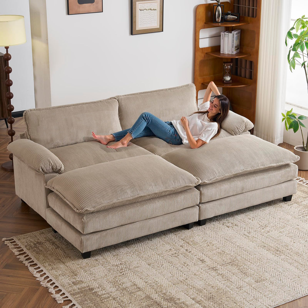 VINGLI Convertible Sectional Sofa with 2 Movable 2-Layer Ottoman Set, Comfy Cloud Sofa Bed with Deep Seat & Chaise, 2-Seater Modular Sleeper Couches, Loveseat for Living Room, Corduroy, Khaki