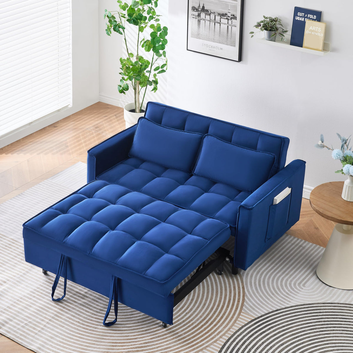 The 55 inch Dreamlike Blue Velvet Sofa is Elegant and Convenient with Pockets, clinterpreting The Art of Three in one Conversion.