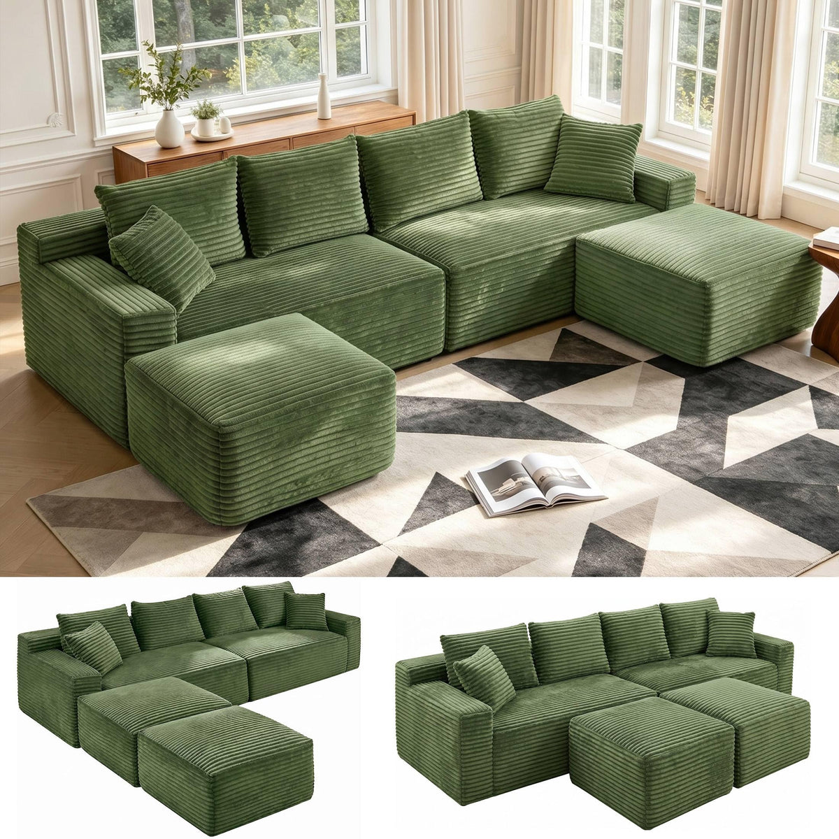 127” U-Shaped Cloud Sectional Couch for Living Room, Modern Boneless Corduroy Sofa with Chaise ‌and Console, Include 2 Cup Holders, Storage Space and USB Ports, No Assembly Required, Black
