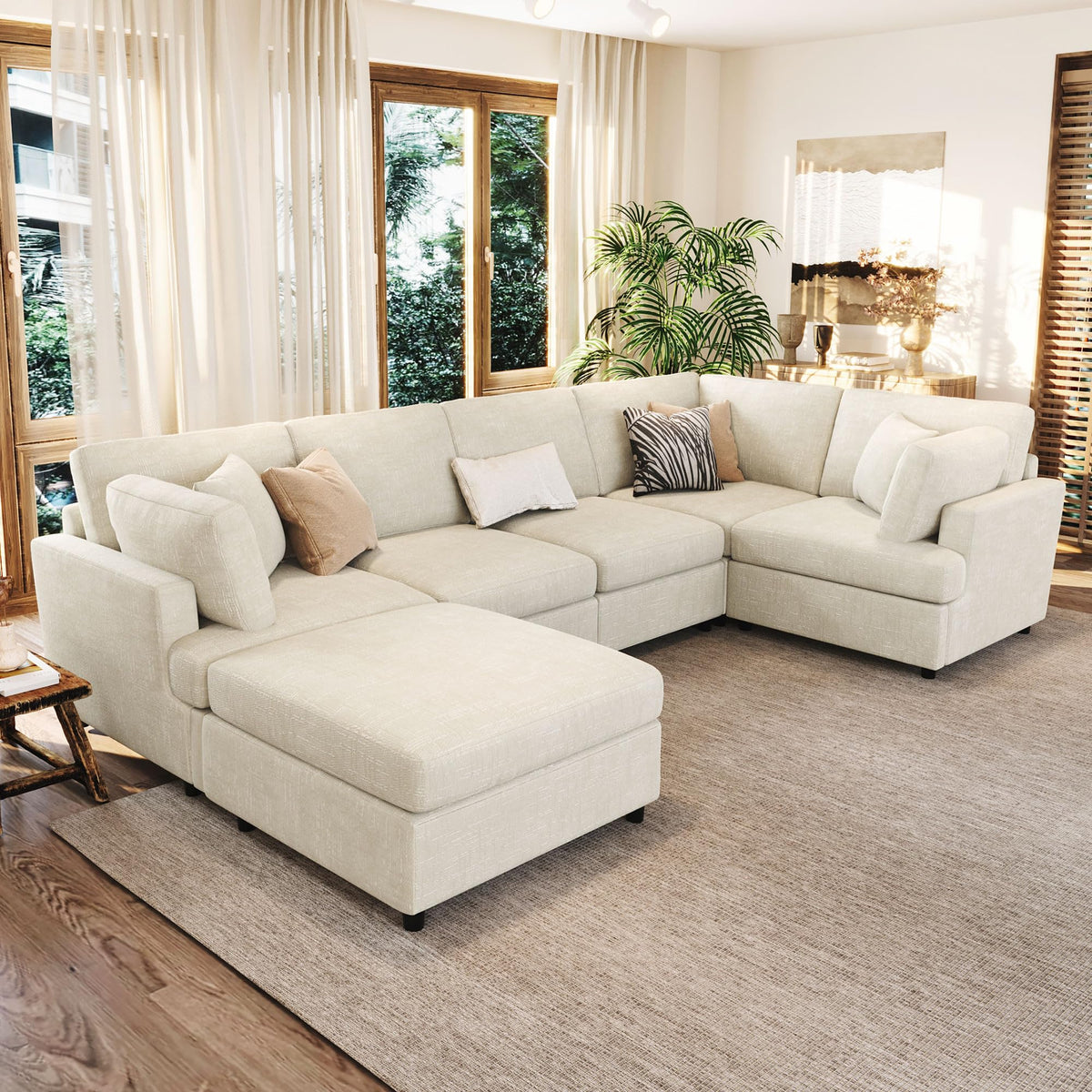 119*67" U Shaped Sectional Sofa,6 Seat Chenille Corner Couch Set with Oversized Chaise Lounge,Irregular Corner, Deep and Wide Seat Comfy Sofa with Cup Holders for Living Room,Apartment (Beige-V33)