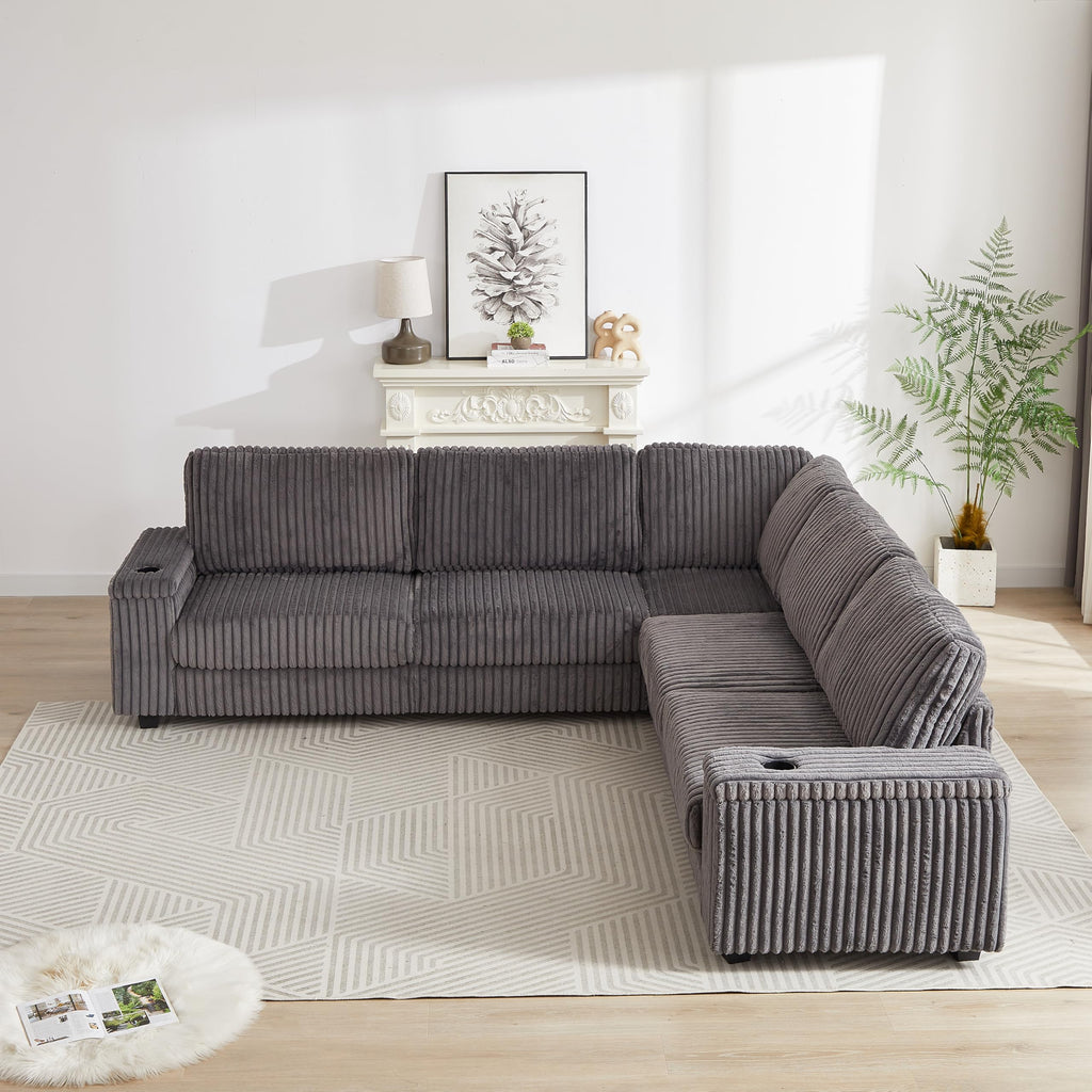 110 Inch Oversized Corduroy Corner Sofa,L Shaped Corner Couch with Two Storage Spaces,USB Port Type C Port and Cup Holder, Deep Seat Comfy Upholstered Couches for Living Room(Not Freely combinable)