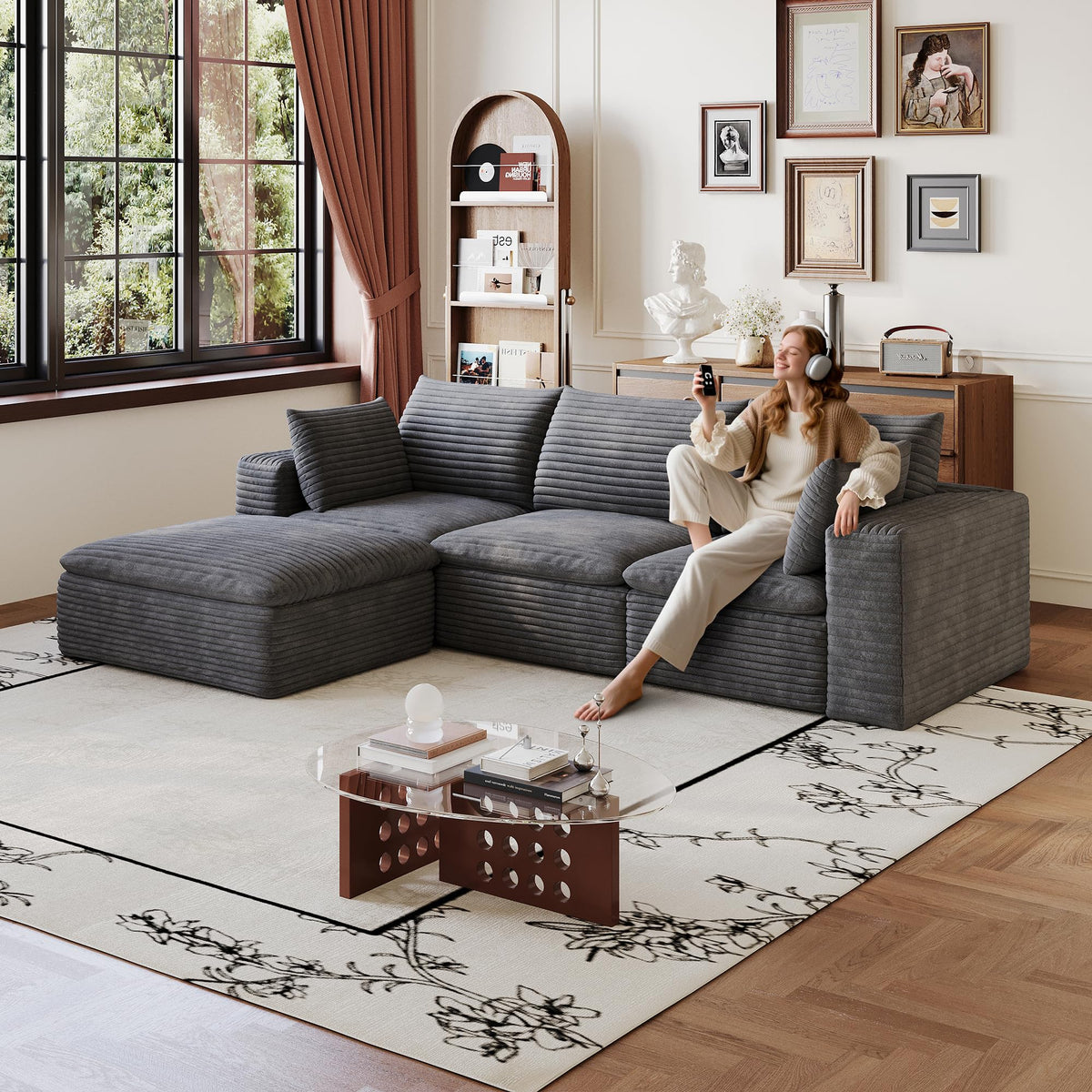102" Oversized Boneless Modular Sectional Sofa Cloud Couch with 3 Ottomans Convertible Sleeper Sofa Bed for Living Room - No Assembly Floor Compression Sofa with Memory Foam and Deep Seat
