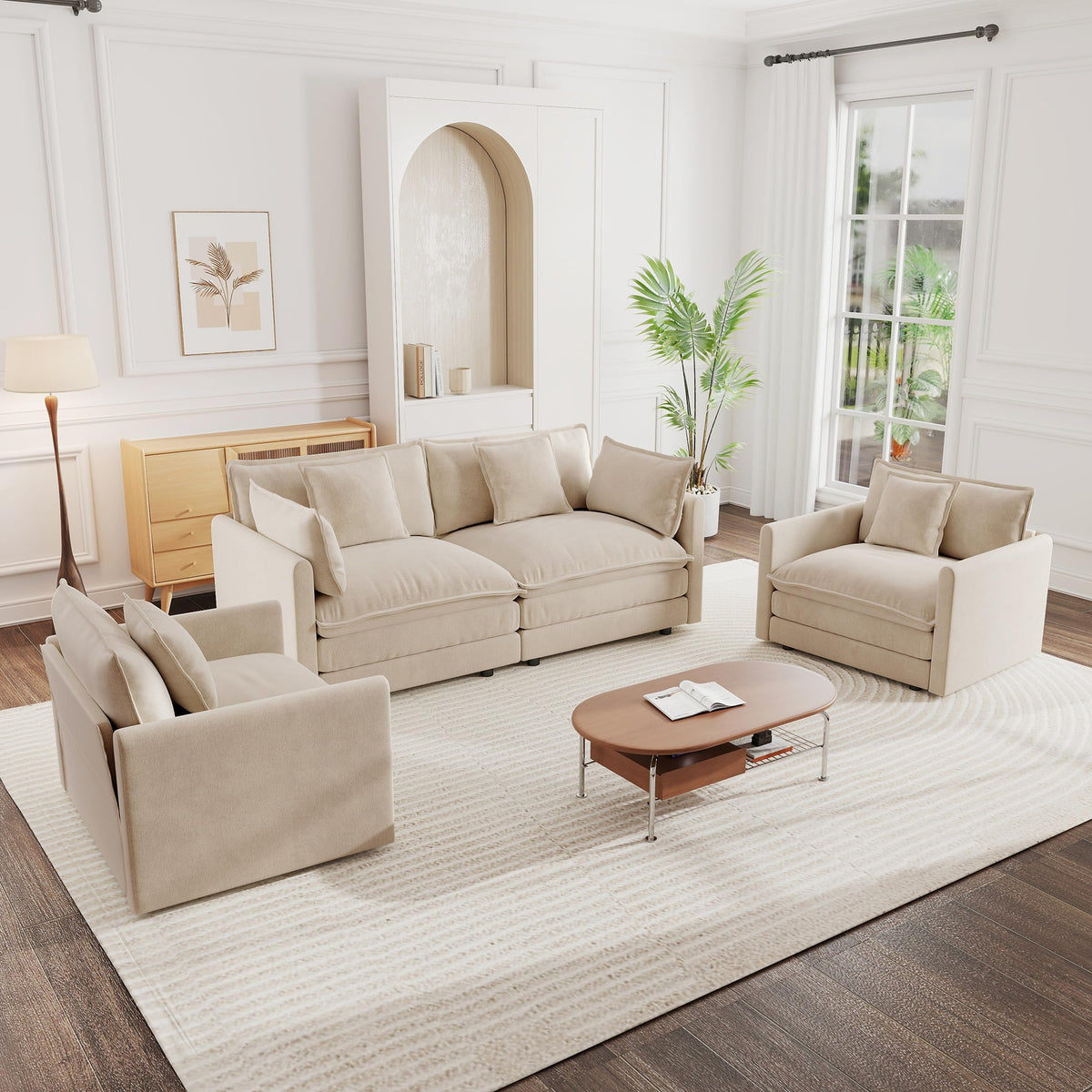 White Modular Sectional Sofa 3-Piece Set, Modern Deep Seat Chenille Couch, Loveseat, Single Sofa, Oversized Modular Couch for Living Room