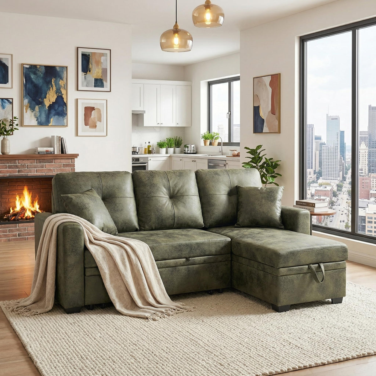 U-Shaped Sofa, Dual Chaise Sectional, 104 Inch, Camel