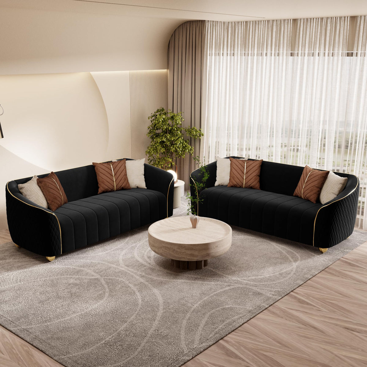 1-Piece Luxury Velvet Sofa Set for Living Room, Elegant Design Couch Set with Curved Armrests and Gold Edge Trim, Tufted Upholstered Couch with Gold Metal Legs (Green, 3 Seater)