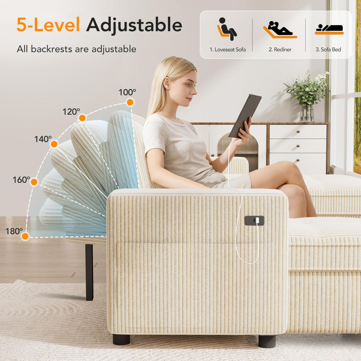 WEUP 105" Sectional Sofa with Pull Out Bed, U Shaped 4 Seat Sleeper Sofa with 2 Storages, Adjustable Backrest, USB Ports, Tool-Free Assembly, Plush Corduroy Sectional Couches for Living Room, Beige