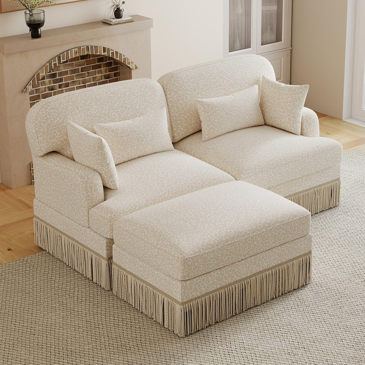 100" Leopard Print Chenille Modular Sectional Sofa with Tassels, L-Shaped Deep Seat Cloud Couch with Ottomans for Living Room, BGE-KHK