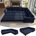 118" Oversized Sleeper Sofa with Pull Out Bed, Chenille L Shaped Convertible Sectional Sleeper Couch with Nailhead Trim & Rolled Arm, 6-Seater Couches for Living Room, Blue