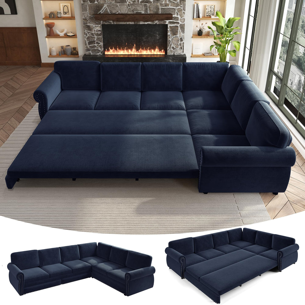 118" Oversized Sleeper Sofa with Pull Out Bed, Chenille L Shaped Convertible Sectional Sleeper Couch with Nailhead Trim & Rolled Arm, 6-Seater Couches for Living Room, Blue