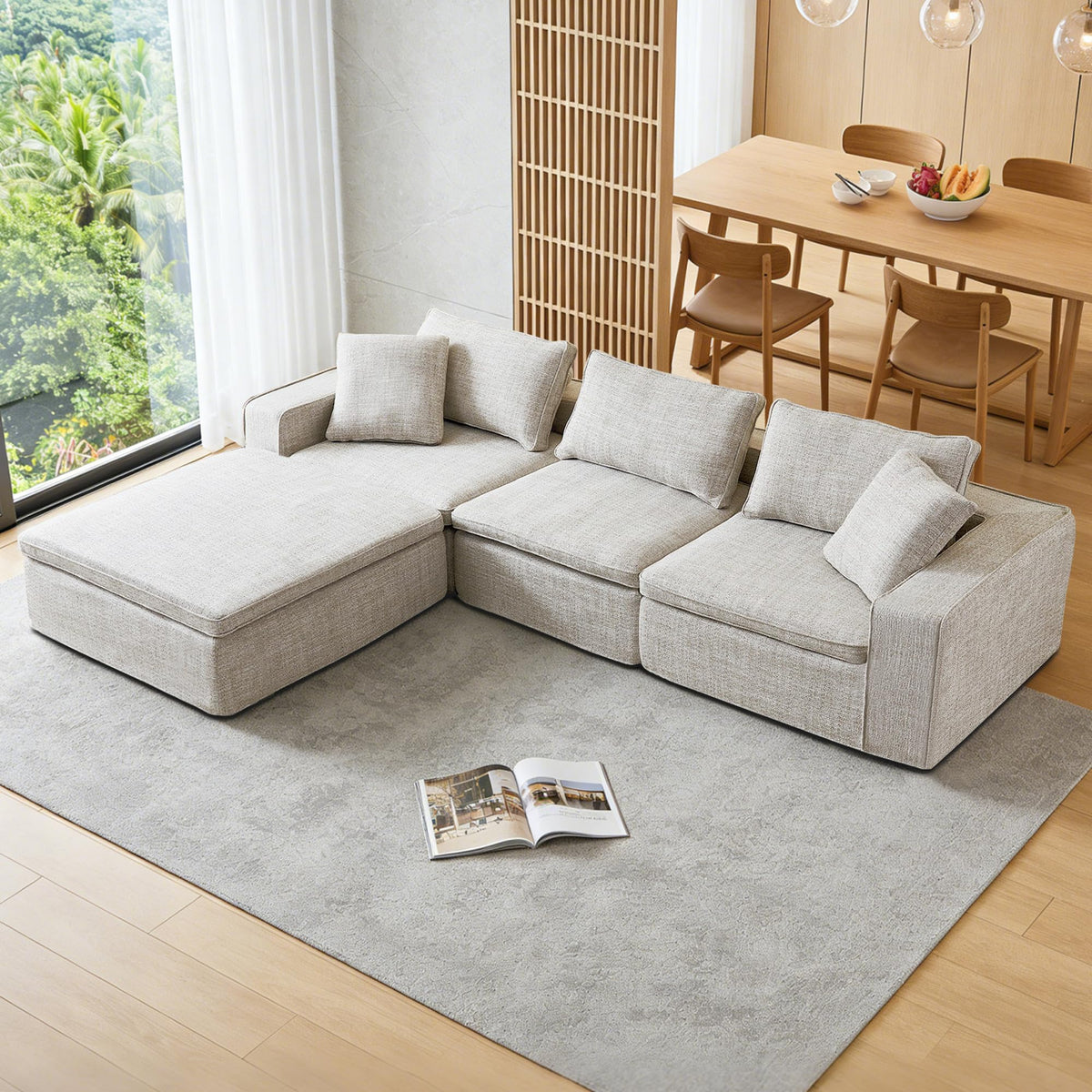 131" Cloud Modular Sofa, Oversized Sectional Couch with Washable Linen Fabric Covers, Large L-Shaped Deep Seat Sofa with Ottoman,7 Seater Down Filled Convertible Furniture for Living Room (Beige)