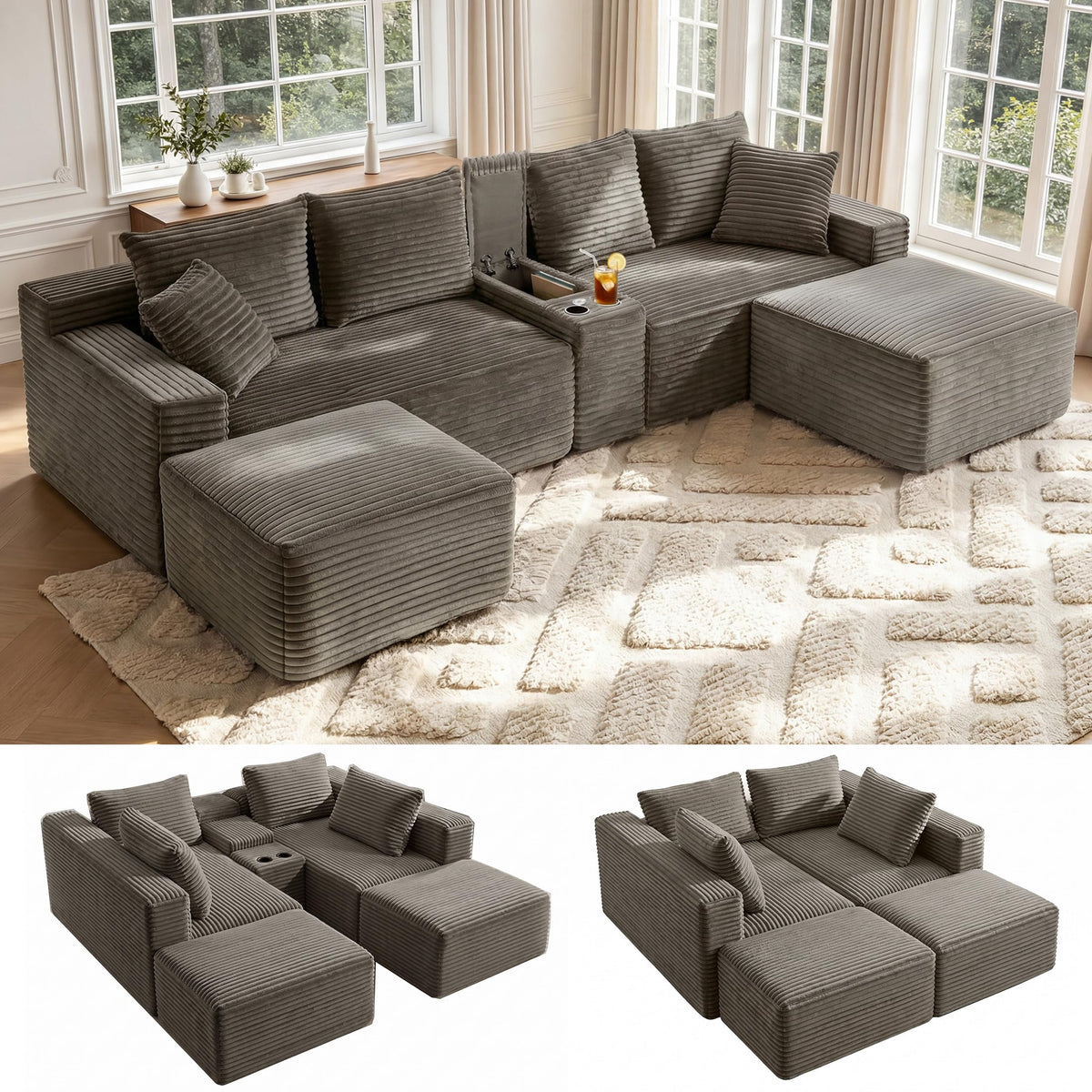 127" U-Shaped Boneless Sofa with Center Console for Living Room, Brown