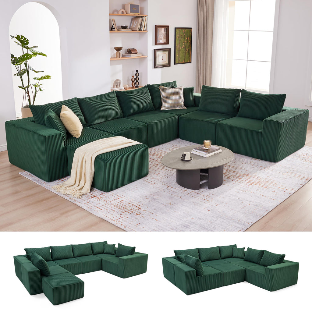 U-Shaped Boneless Couch, Cloud Couch Sectional, Modular Sofa with Deep Seat, Convertible Sectional Couches for Living Room, Plush Corduroy U Shaped Boneless Couch (Green, 6 Seater & 1 Ottoman)