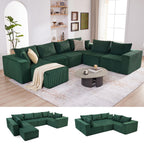 U-Shaped Boneless Couch, Cloud Couch Sectional, Modular Sofa with Deep Seat, Convertible Sectional Couches for Living Room, Plush Corduroy U Shaped Boneless Couch (Green, 6 Seater & 1 Ottoman)