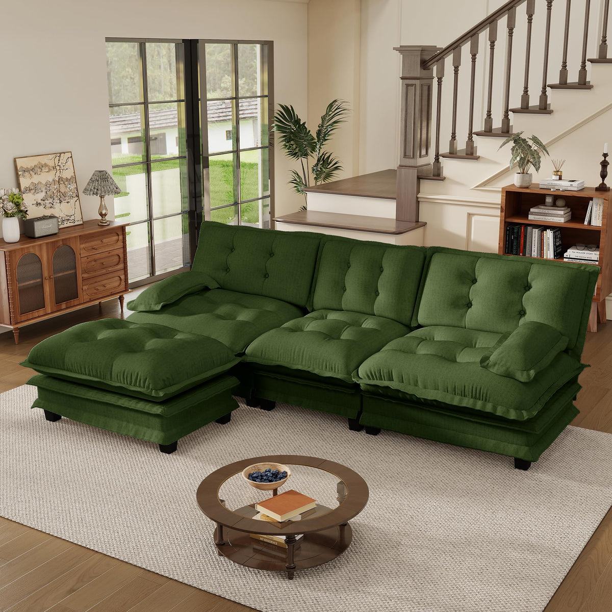 108'' Modular Sectional Couch, L-Shaped Chenille Cloud Sofa with Ottoman, Green Couch with Deep Seat for Living Room
