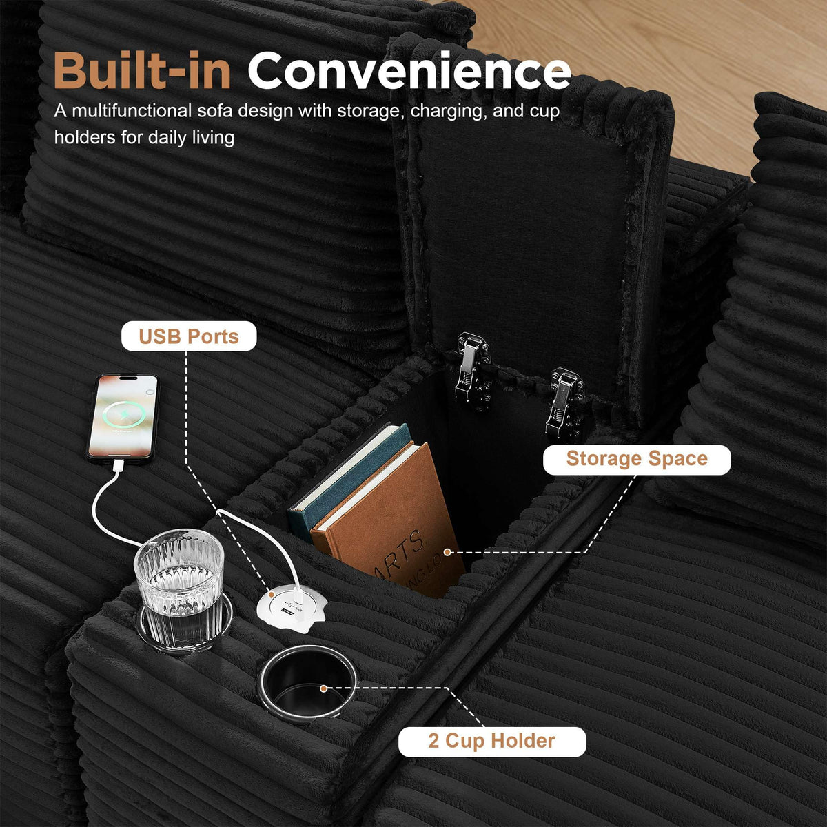127” U-Shaped Cloud Sectional Couch for Living Room, Modern Boneless Corduroy Sofa with Chaise ‌and Console, Include 2 Cup Holders, Storage Space and USB Ports, No Assembly Required, Black