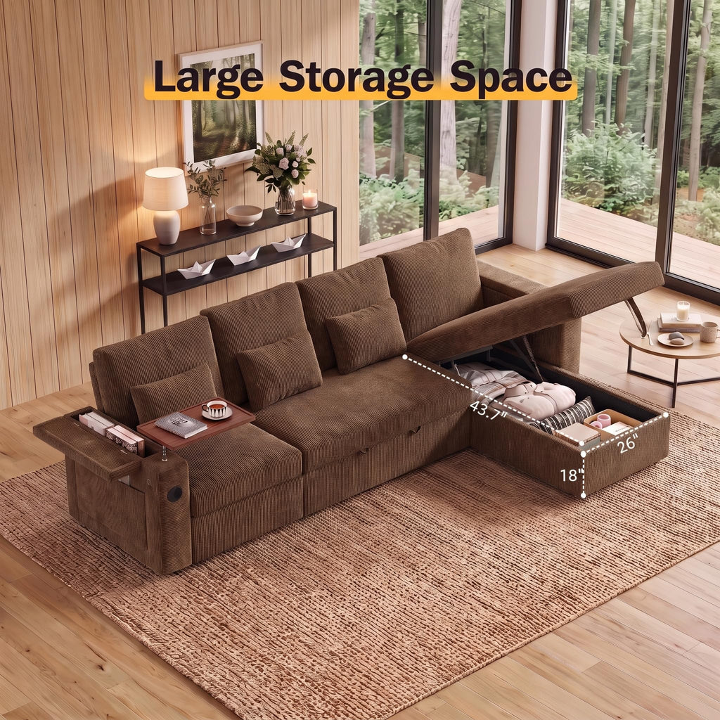 108" L Shaped Sleeper Sofa Bed,3 in 1 Pull Out Chenille Convertible Sectional Couch With Storage&Reclining Backrest For Living Room With USB|Type-C Port|Foldable Table|Cup Holder|Side Pocket,Khaki
