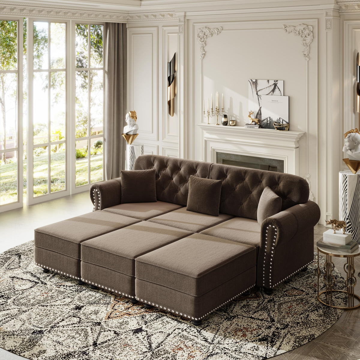 Velvet Chesterfield Sofa with Rolled Arms & Nailhead Trim, Modular Sectional Sofa Couches, Modern Cloud Sofa with Button Tufted, for Living Room, Bedroom, Small Space (Brown, 3 Seat+3 Ottoman)