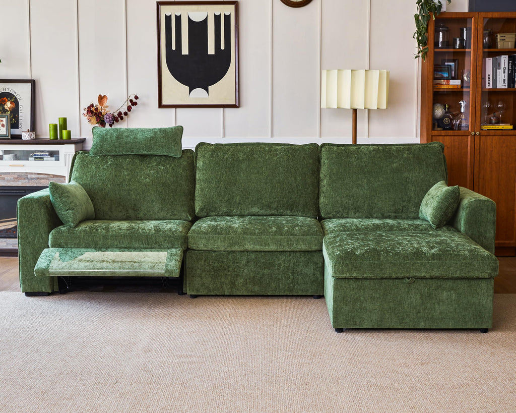 125" Modular Power Reclining Sectional 3 Seater Sofa with Ottoman, Chenille
