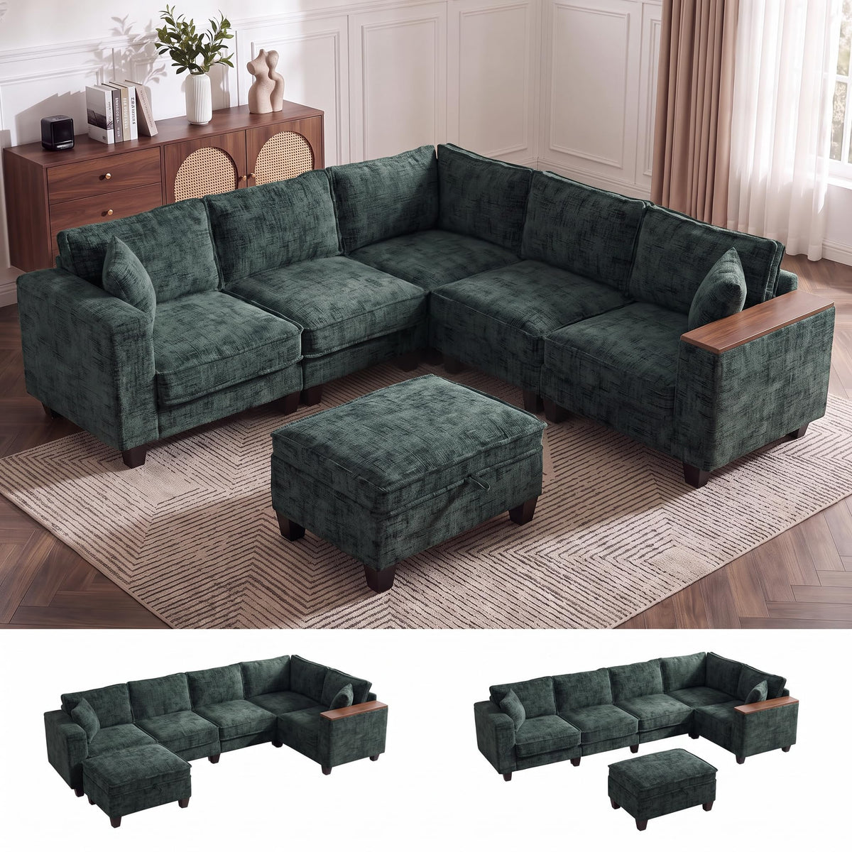 V Shaped Modular Sectional Couch with Storage Ottoman, Beige