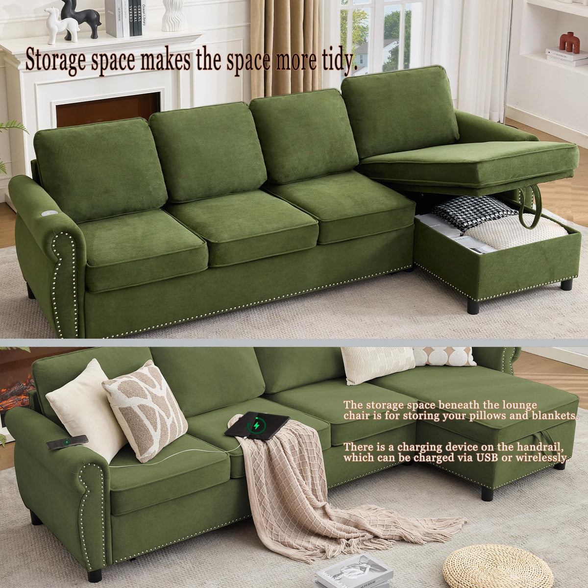 106.5" Pull Out Sofa Bed,L Shaped Modular 4 Seater Couch,2-in-1 Sofa Bed,Wireless Charging, USB Charging Ports,Memory Foam Mattress,Storage Space (Green)
