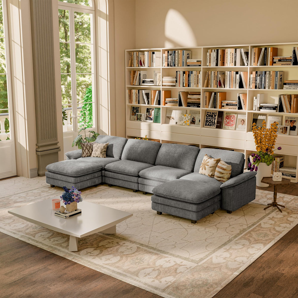 YESHOMY 4-Seat Linear Cloud Modular Sofa, Deep Seat Couch with Ottoman
