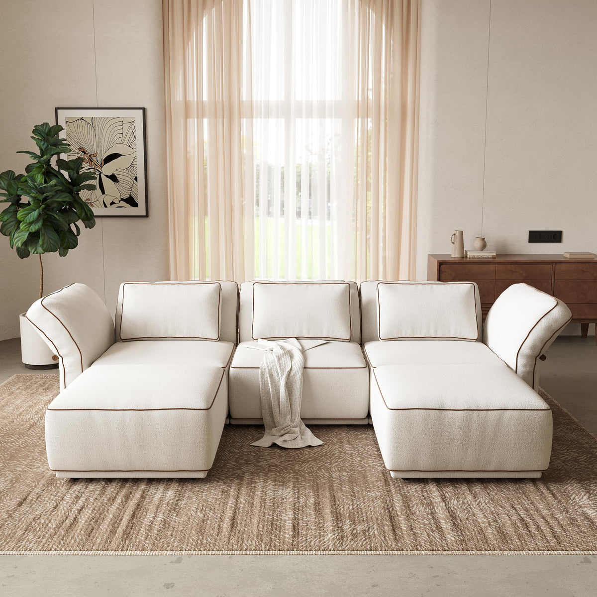 128.3" Modular Boucle Sofa with Ottoman, 3-Seat Sectional Couch, Beige