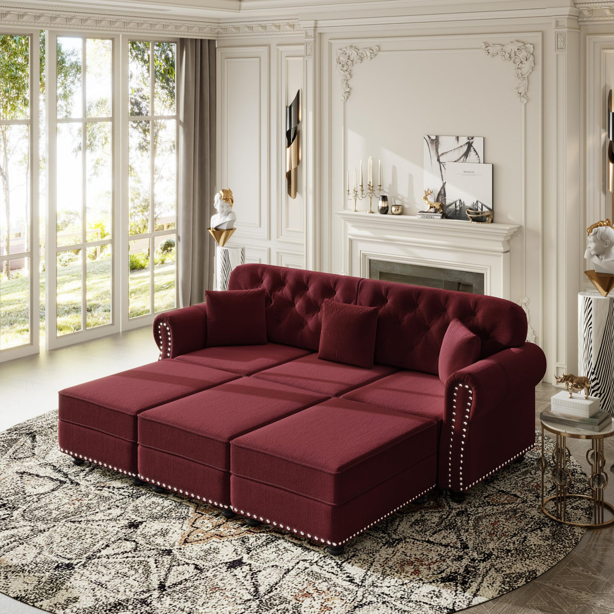 Velvet Chesterfield Sofa with Rolled Arms & Nailhead Trim, Modular Sectional Sofa Couches, Modern Cloud Sofa with Button Tufted, for Living Room, Bedroom, Small Space (Burgundy, 3 Seat+3 Ottoman)
