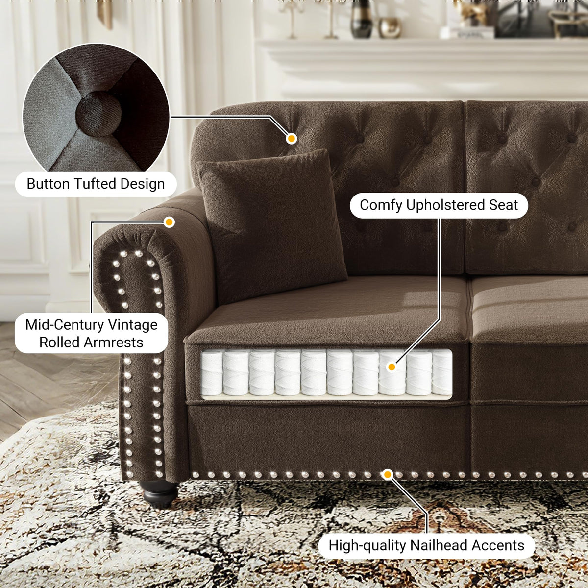 Velvet Chesterfield Sofa with Rolled Arms & Nailhead Trim, Modular Sectional Sofa Couches, Modern Cloud Sofa with Button Tufted, for Living Room, Bedroom, Small Space (Brown, 3 Seat+3 Ottoman)