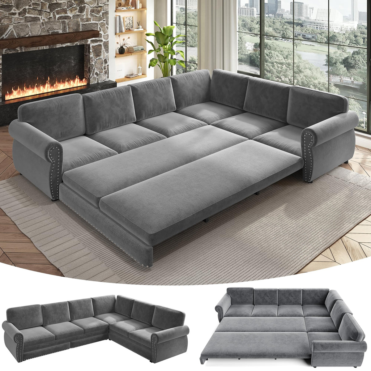 118" Oversized Sleeper Sofa with Pull Out Bed, Chenille L Shaped Convertible Sectional Sleeper Couch with Nailhead Trim & Rolled Arm, 6-Seater Couches for Living Room, Blue
