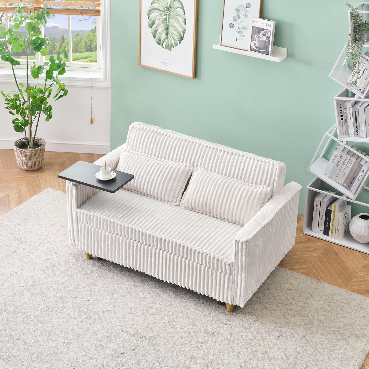 Tidyard Beige Corduroy Pull-Out Sofa with USB Ports & Movable Tabletops for Living Room or Bedroom – Converts to Bed, Includes Rollers and Throw Pillows