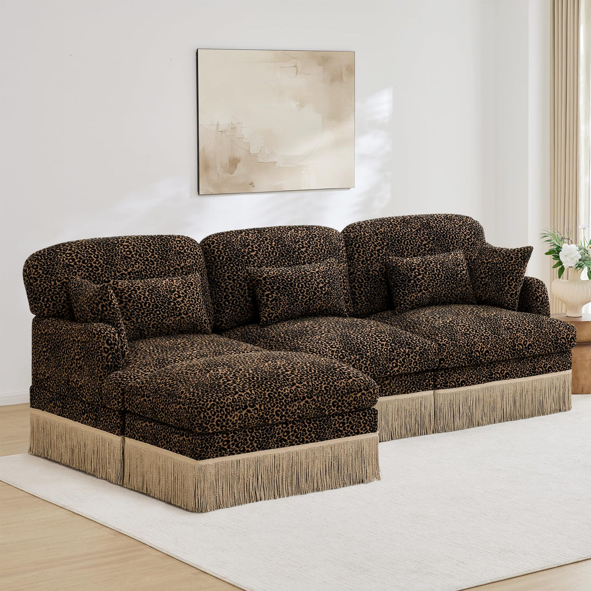 100" L Shaped Sectional Sofa with Ottoman, Chenille Leopard Print Couch