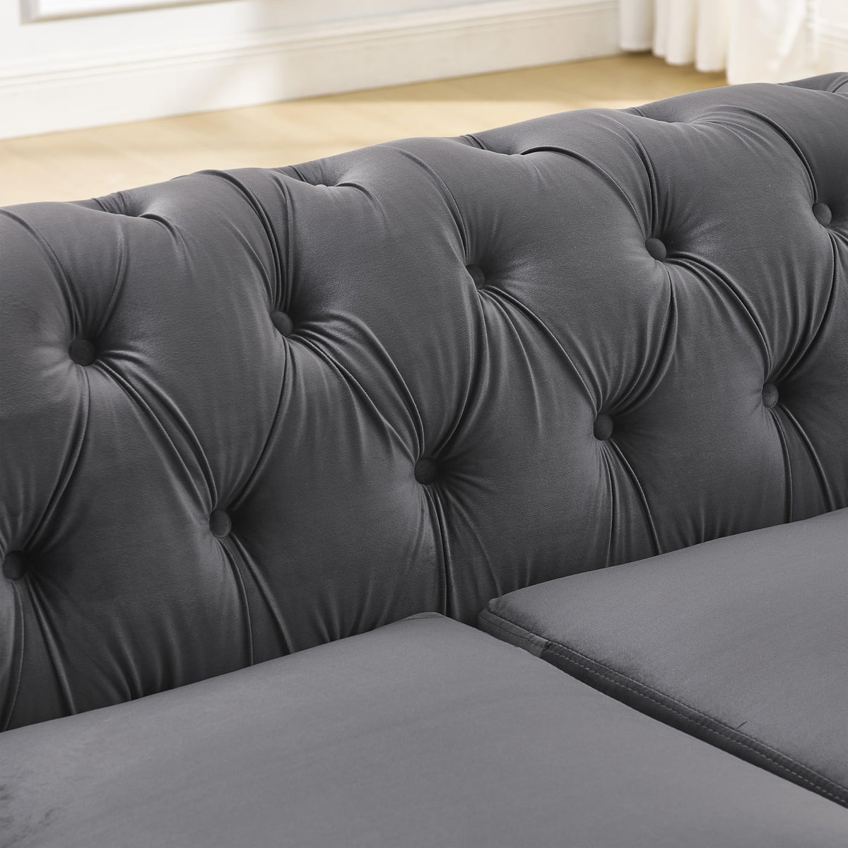 Tufted Velvet Chesterfield 3 Seater Sofa, 84.6 Inch Living Room Couch with Gold Trim and Wood Frame (Gray)