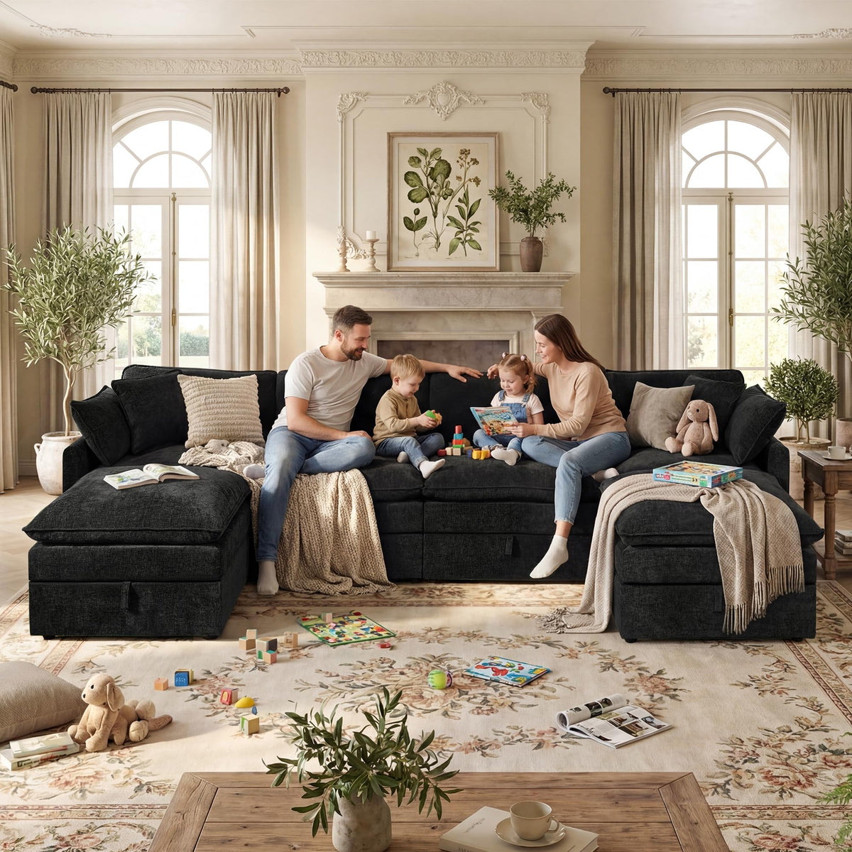 WorthFurni Modular Sectional Sofa with Storage Ottomans,135" U-Shaped Cloud Couch,Comfy Modern Couches with Pillows & Upholstered Deep Seat Cushion for Apartment Living Room Bedroom（Black）