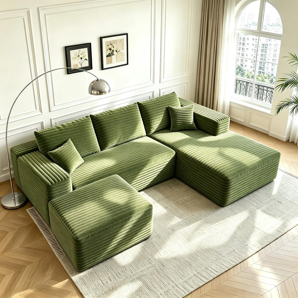 107" U-Shaped Cloud Sectional Couch with Ottoman for Living Room, Boneless Sofa, Compressed Sofa, No Assembly Required, Black Corduroy, Right Chaise