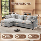 Urhanherry 111.4” L Shape Cloud Couch, Modular Sectional Sofa with Movable Ottoman, 3-Seater Chenille Couches Deep Seat with Throw Pillows for Living Room Apartment （Grey）