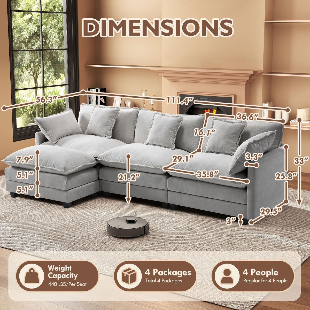 Urhanherry 111.4” L Shape Cloud Couch, Modular Sectional Sofa with Movable Ottoman, 3-Seater Chenille Couches Deep Seat with Throw Pillows for Living Room Apartment （Grey）
