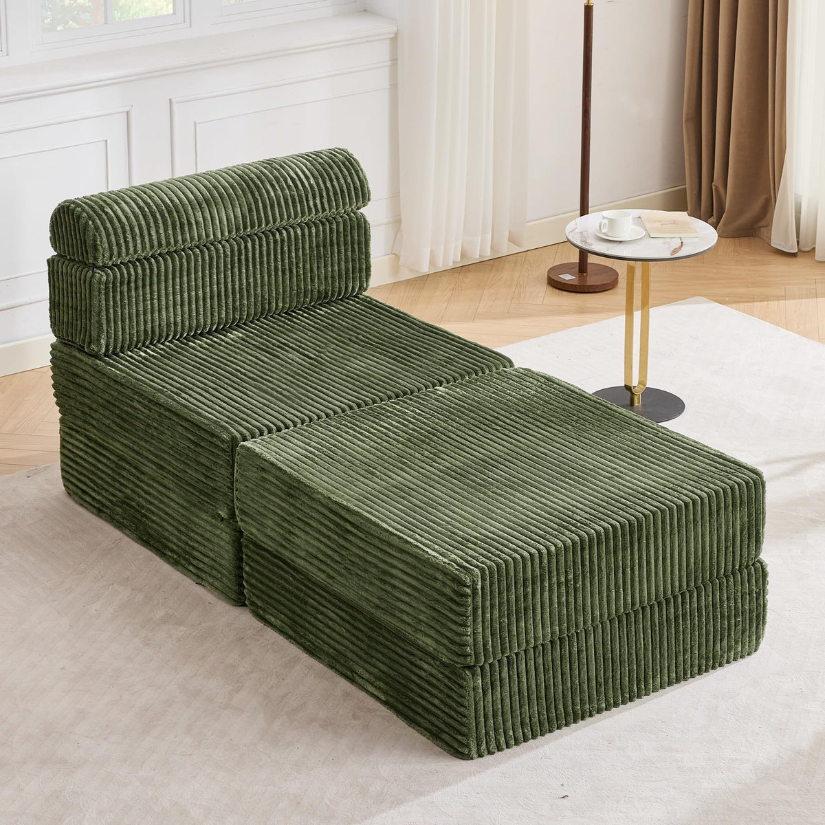 Tbfit 142” Modular L Shaped Sectional Boneless Couch, Convertible Futon Sofa Bed, Corduroy Cloud Mattress Sleeper Sofa, Comfy Folding Upholstered Floor Couches for Living Room, Bedroom, Beige