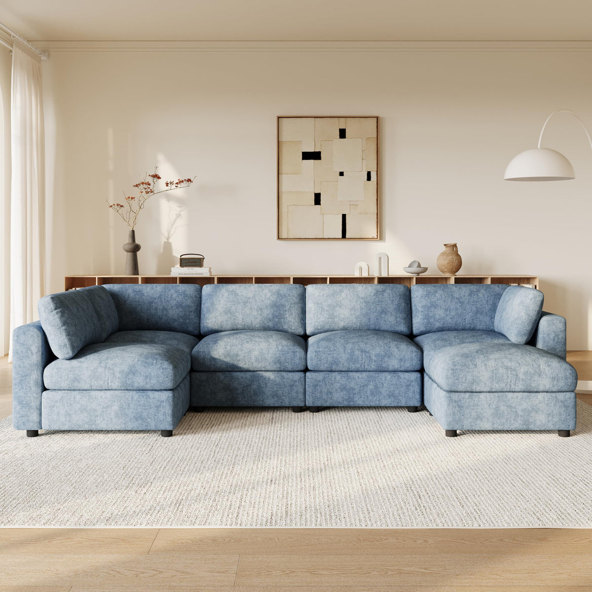 129" Modular Sectional Sofa, 6 Seat Cloud Sofa Bed with High Density Foam, U-Shaped Chenille Couch Set with Ottoman, Free Combination, Convertible Sleeper Sofa for Living Room, Apartment, Blue
