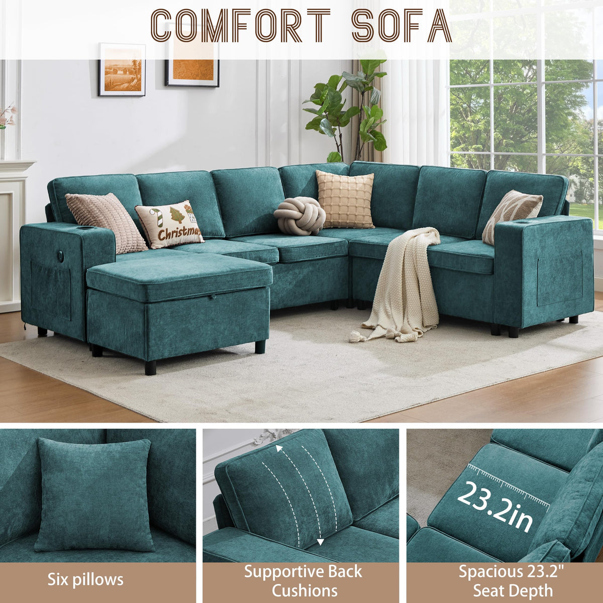 107" Modular Sectional Sleeper Sofa with Pull Out Bed, 7 Seat U Shaped Couch with Storage Ottoman, USB Port & 6 Pillows, Sectional Couches for Living Room & Apartment, Modular Cloud Couch, Green